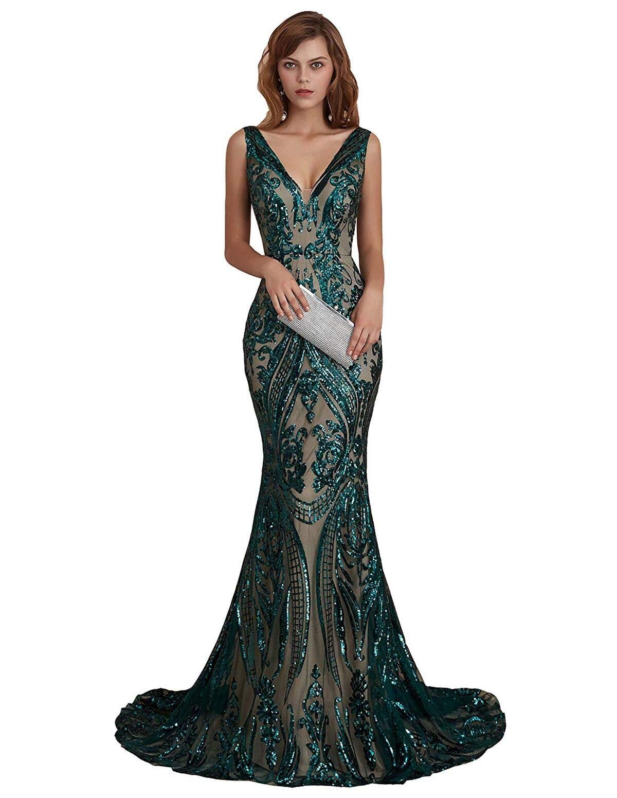 Leyidress Womens Sequin V Neck Mermaid Prom Dress Green Sleeveless Pageant Trumpet Evening Dress Celebrity Gowns 22W