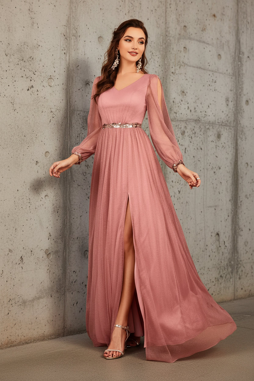 V-Neck Appliqué Slit Evening Gown