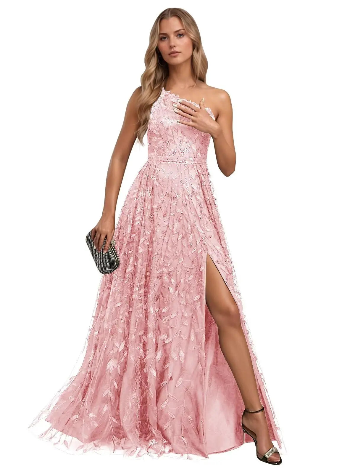 One Shoulder Lace Prom Dress with Slit