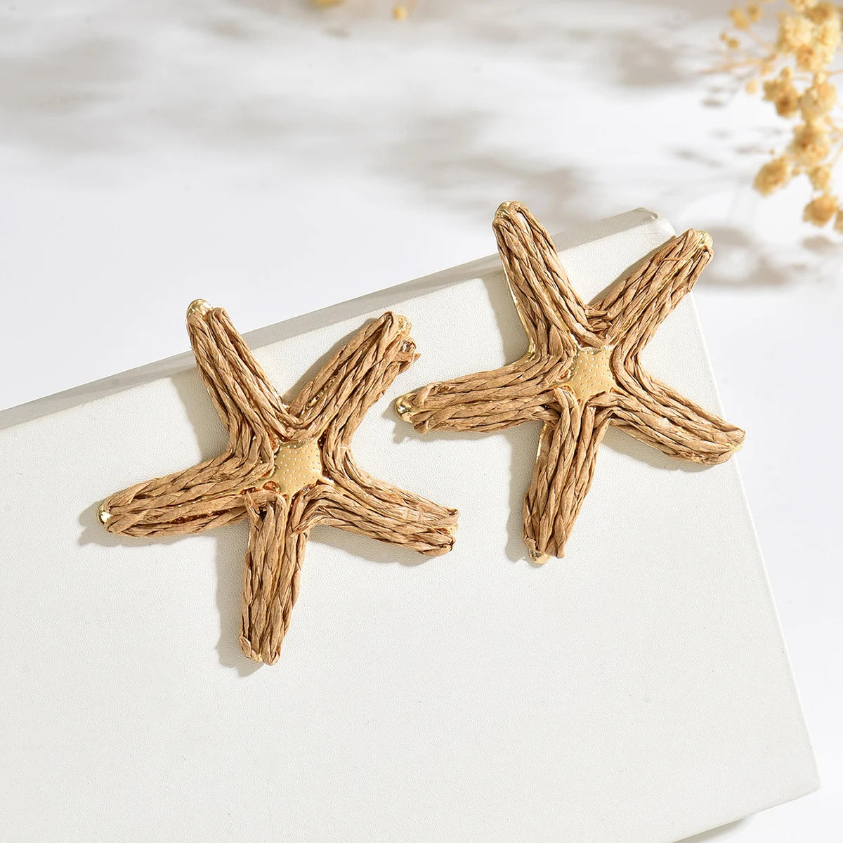 Vibrant Color Straw Woven Starfish Statement Earrings Gold Trim Ocean Star Raffia Ear Studs Bohemian Vacation Gift for Women