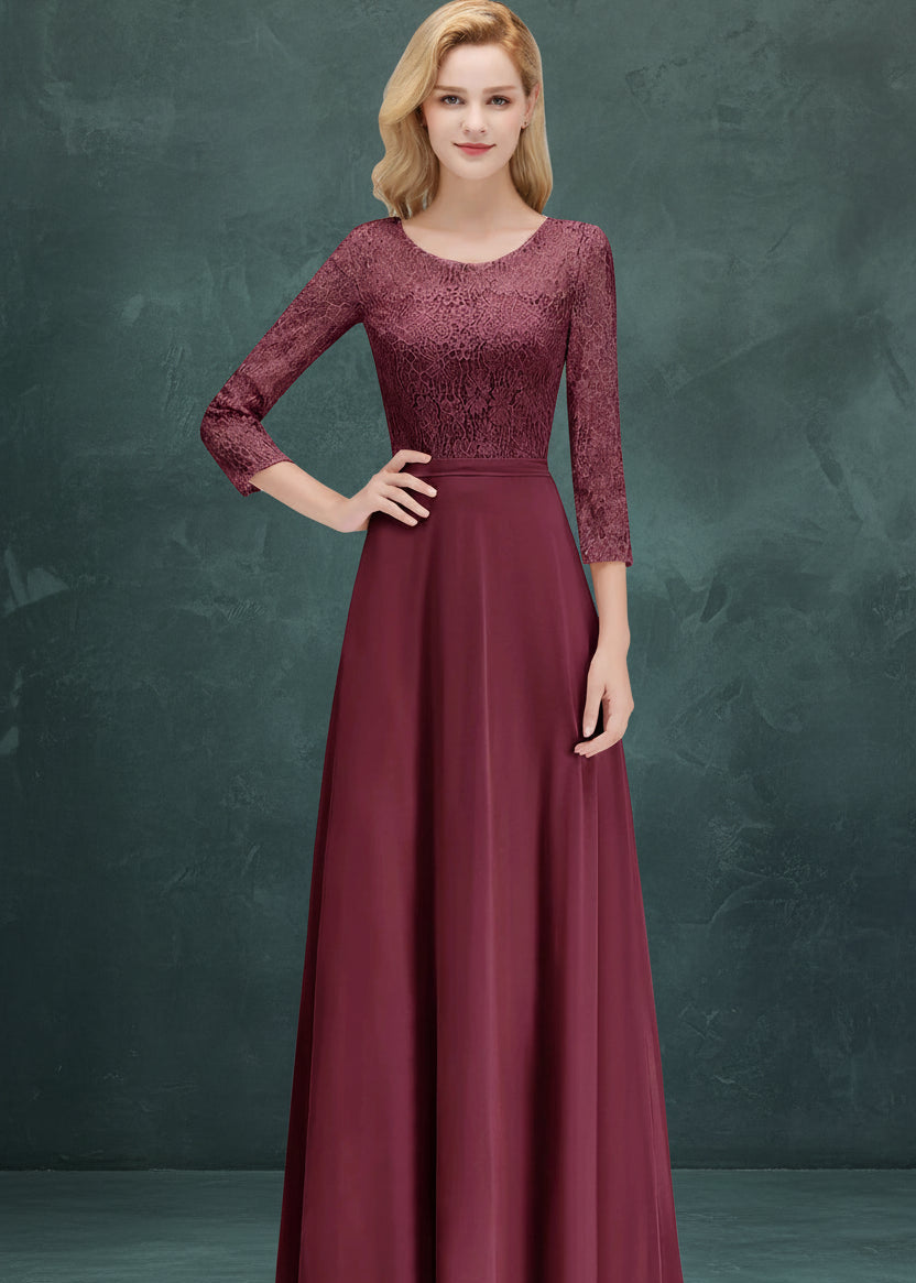 BABYONLINE In Stock Bridesmaid Gown Long Sleeve Floral Lace Appqulies Chiffon A-line Skirt Boho Wedding Party Guest Gown