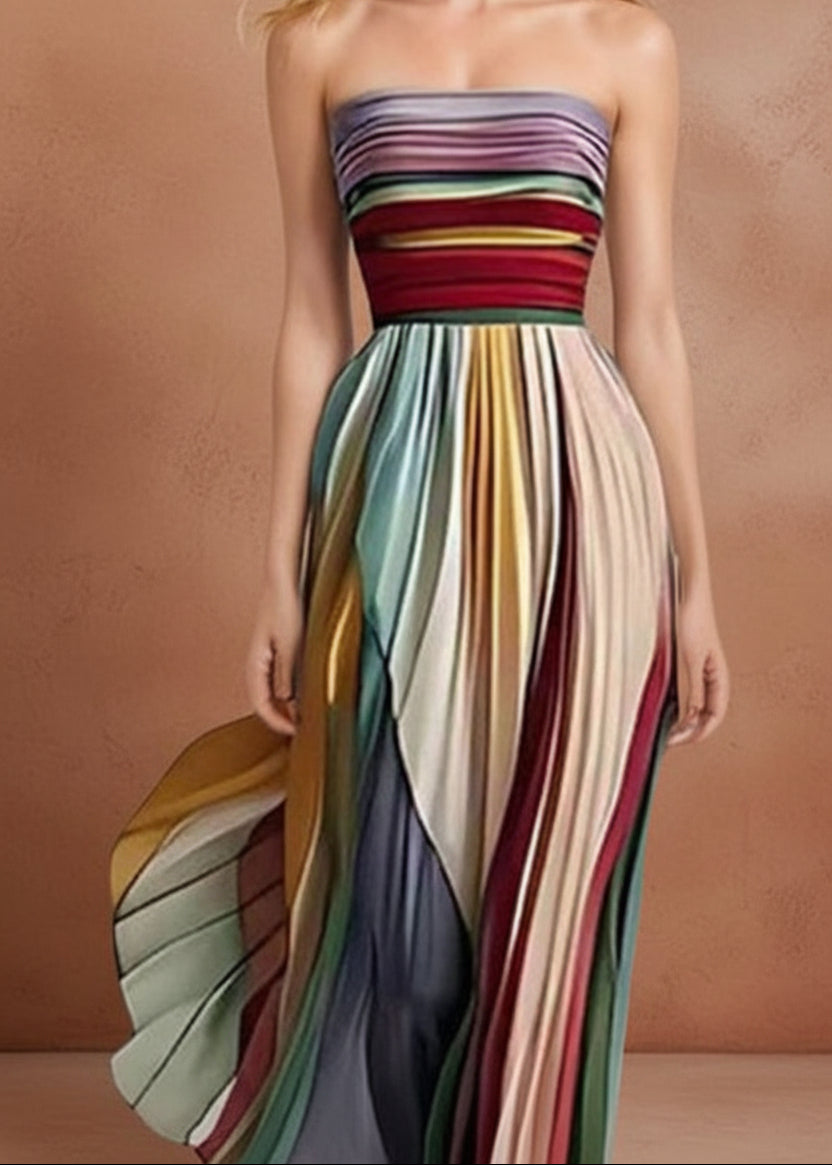 Striped Pleated Strapless Maxi Dress - TrendNest