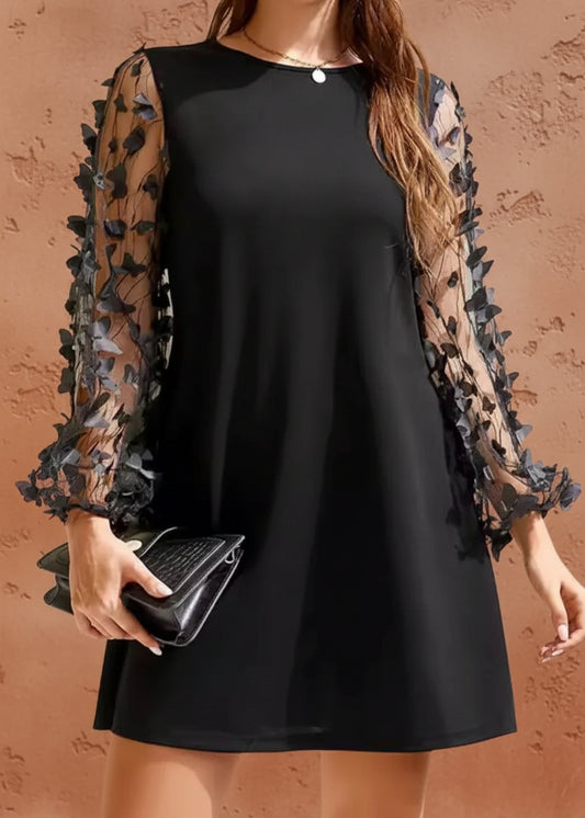 Round Neck Butterfly Mesh Long Sleeve Mini Dress - TrendNest