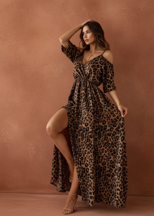 Leopard Print Cold Shoulder Slit Maxi Dress - TrendNest