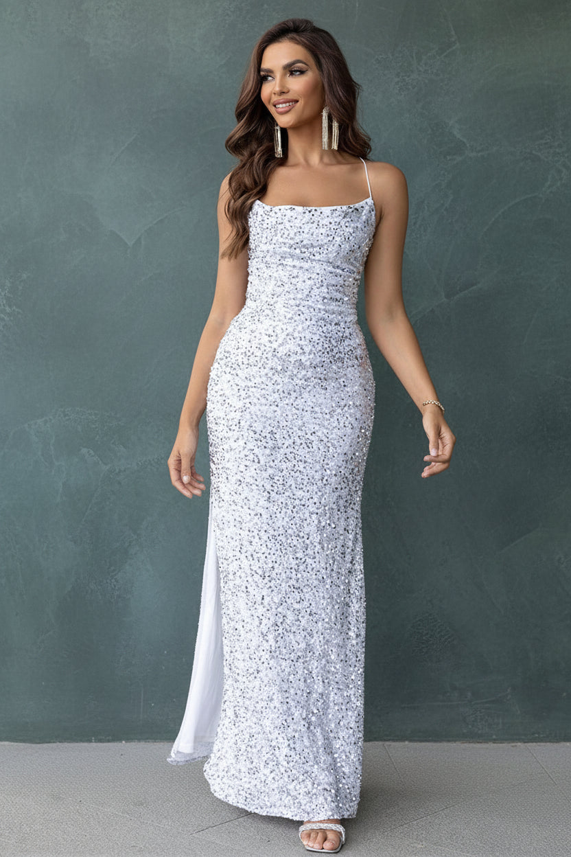 Sequin Backless Split Maxi Dress - TrendNest