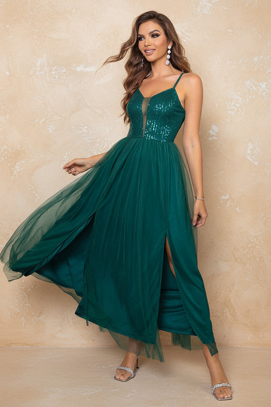 Spaghetti Strap Slit Mesh Dress - TrendNest