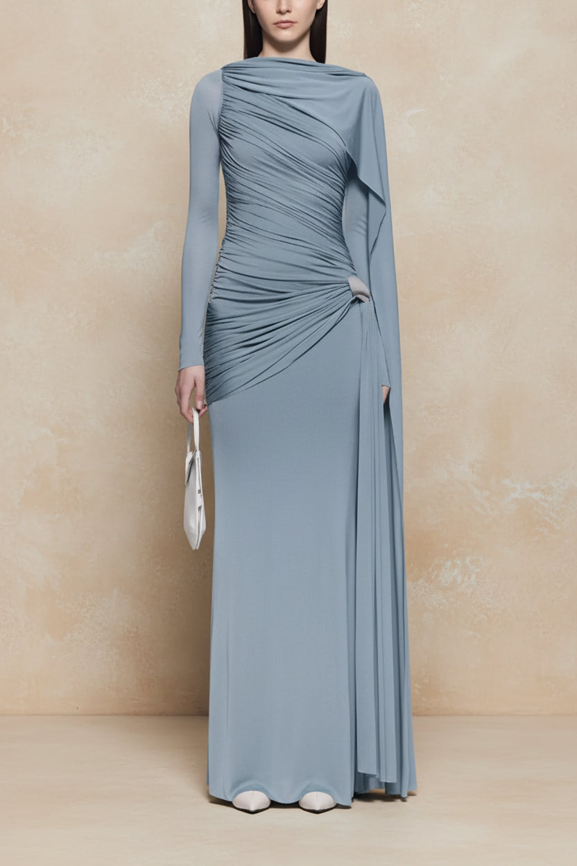 Ruched Draped Long Sleeve Maxi Dress - TrendNest