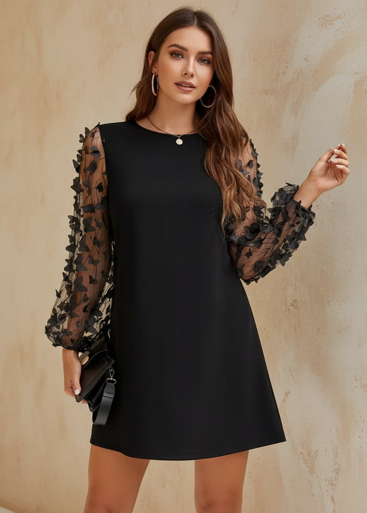 Round Neck Butterfly Mesh Long Sleeve Mini Dress - TrendNest