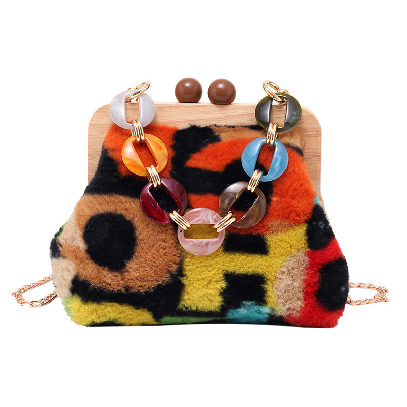 Fashion Women's Plush Messenger Bag with Thick Chain