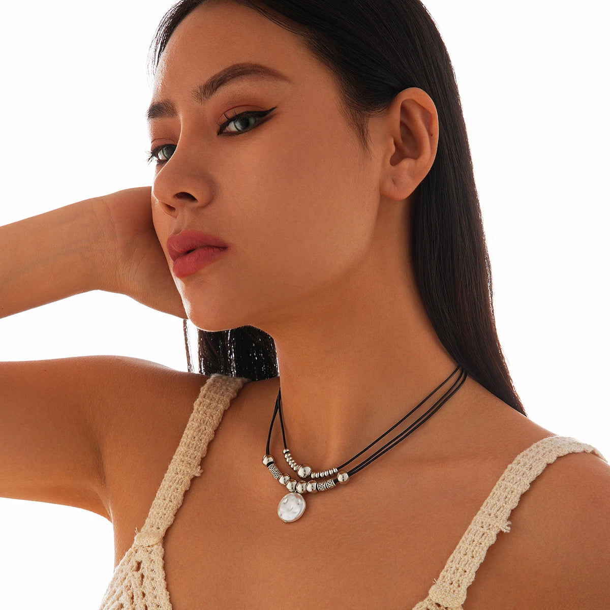 KunJoe Vintage Multilayer Leather Rope Chain Beaded Choker Short Necklace Women Ethnic Imitation Pearl Pendant Necklace Jewelry
