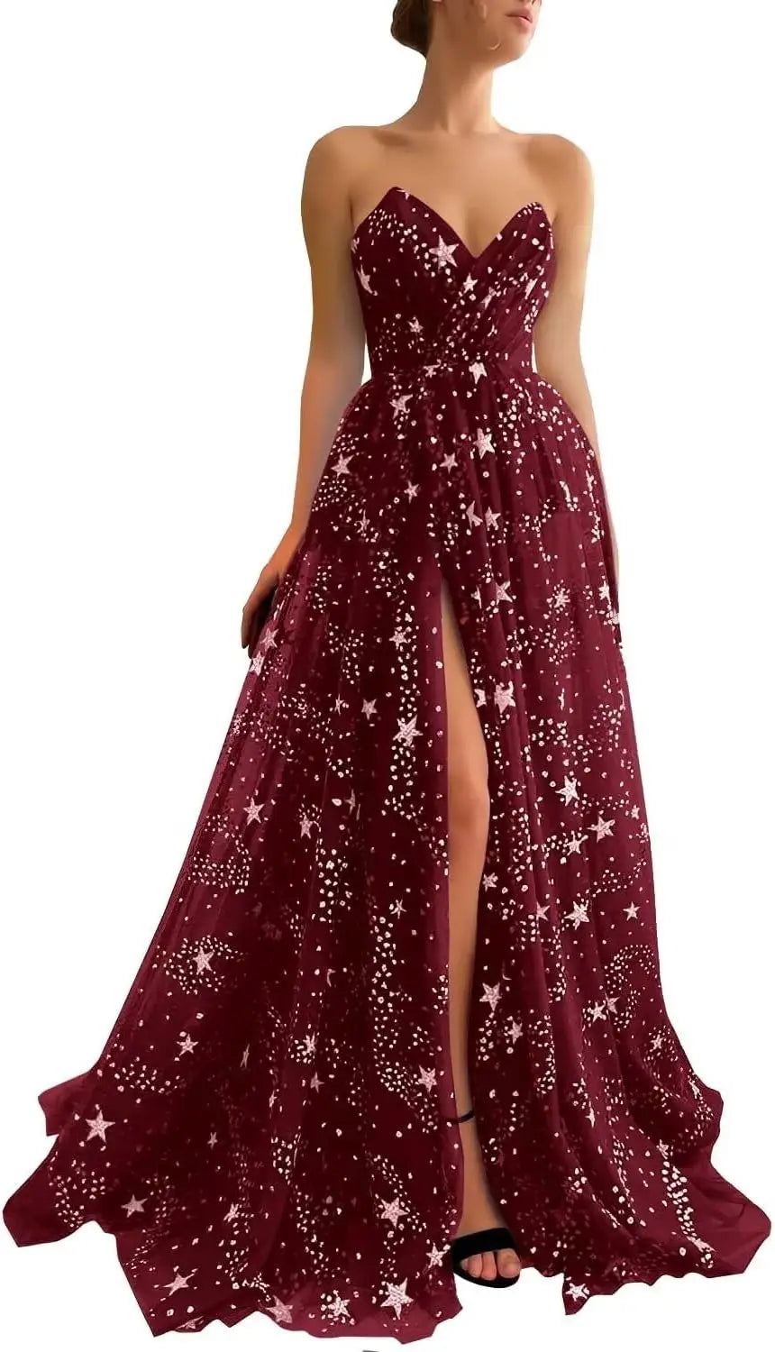 V Neck Women's Sparkle Starry Tulle Prom Dresses Strapless Slit Formal Evening Party Gowns Formal Dress Women Elegant