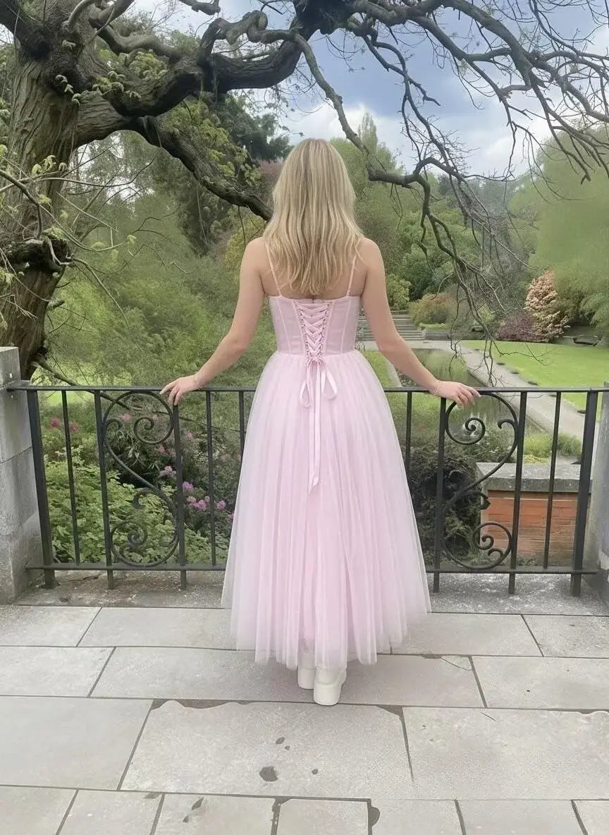 A Line Glitter Tea Length Formal Evening Cocktail Party Dresses for Women, Sequined Spaghetti Midi Corset Prom Gowns Cocktail