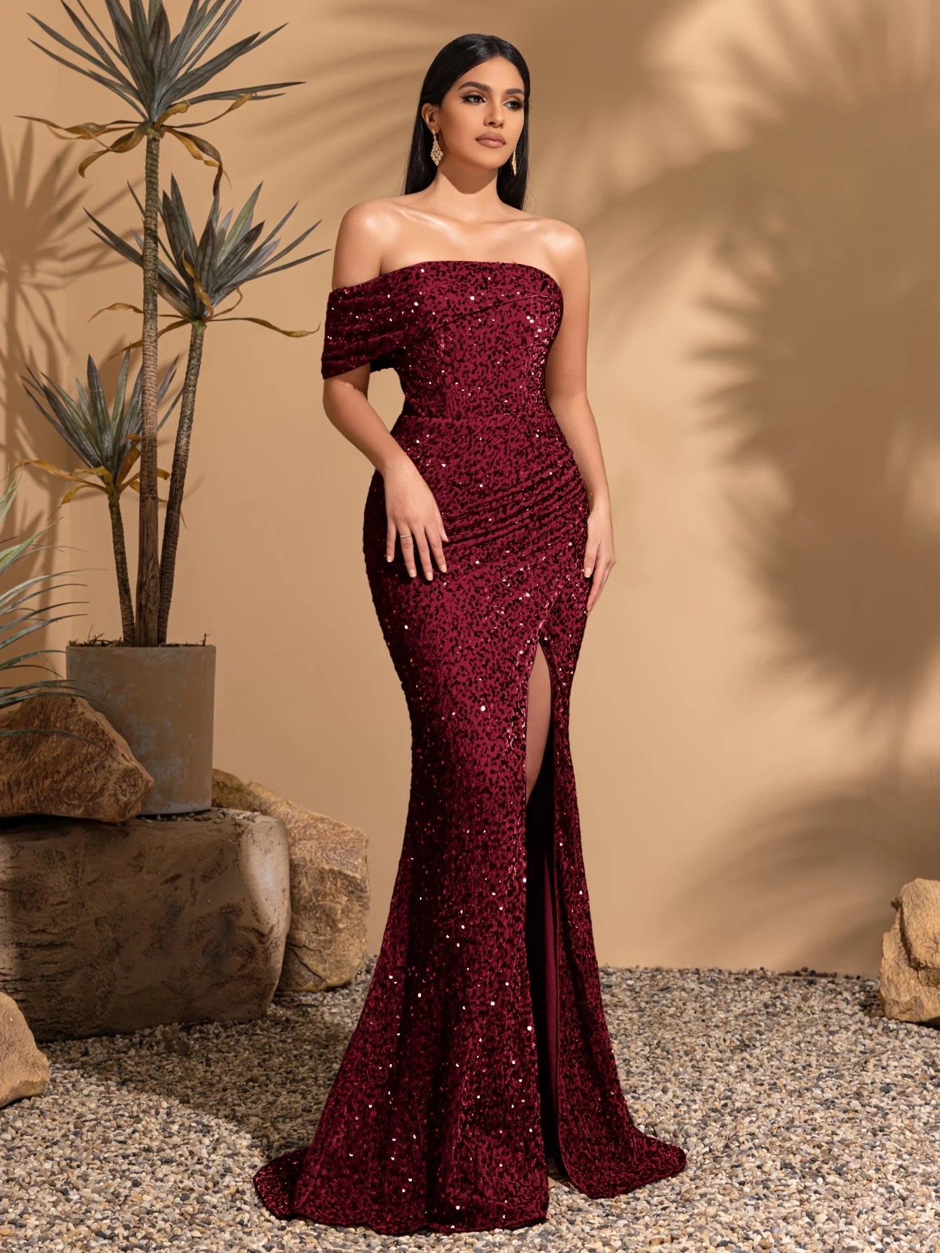 Off-the-shoulder asymmetrical sleeves slit sequined dress