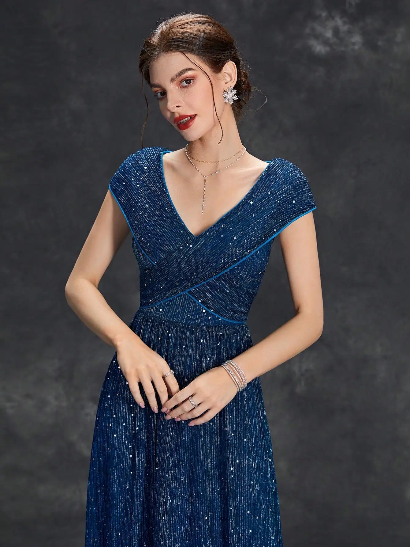 V-Neck Mesh Sleeve Ball Gown