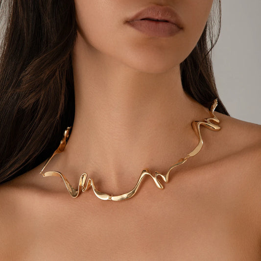 KunJoe Elegant Irregular Wave Torques Necklaces for Women Trendy Punk Gold Color Chokers Clavicle Chain Wedding Party Jewelry