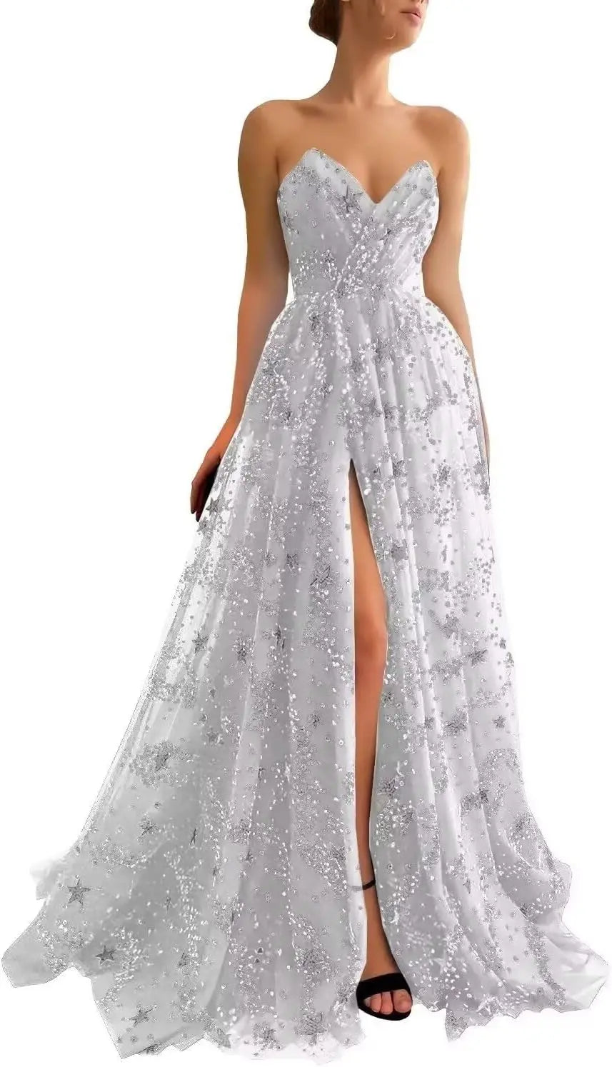 V Neck Women's Sparkle Starry Tulle Prom Dresses Strapless Slit Formal Evening Party Gowns Formal Dress Women Elegant