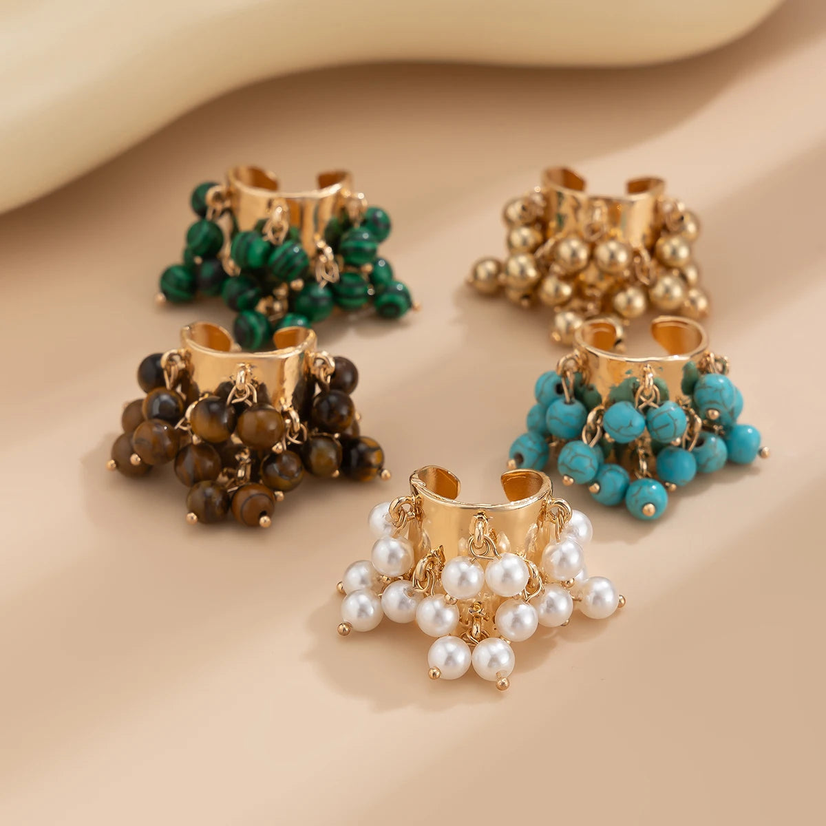 KunJoe Vintage Colourful Natural Stone Beads Open Ring Women Bohemian Imitation Pearl Chunky Wide Finger Rings Party Accessories