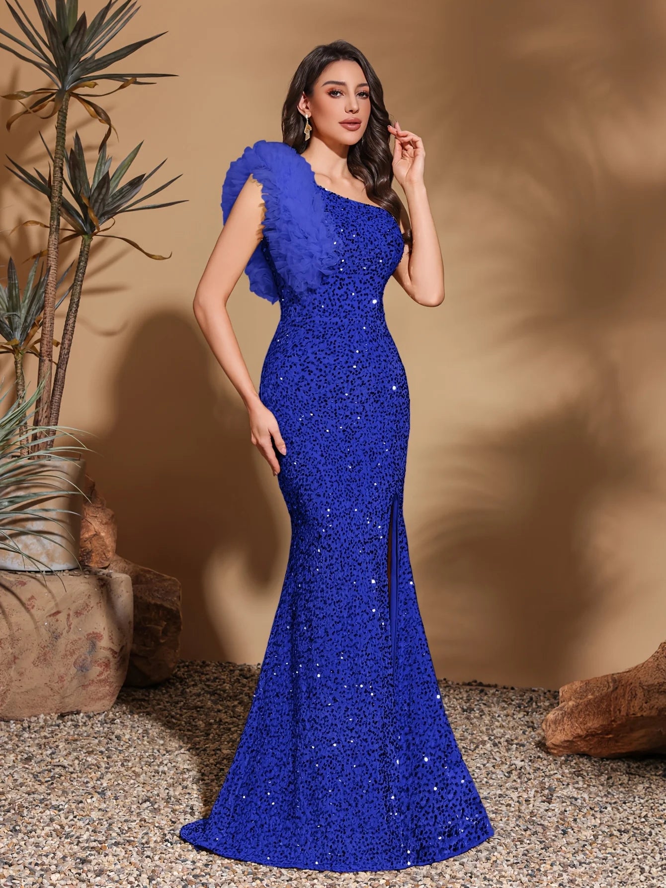 Sequined off-shoulder mesh splicing decorated slit dress