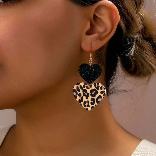 Women's Pendant Earrings Leopard Print Two Hearts Leopard Print Earrings Suitable for Daily Wear and Vacation Wear