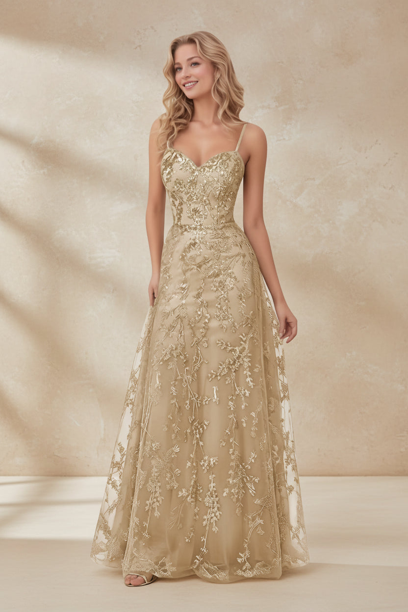 Tulle Formal Dress Laces Spaghetti Strap Sparkly Prom Dress