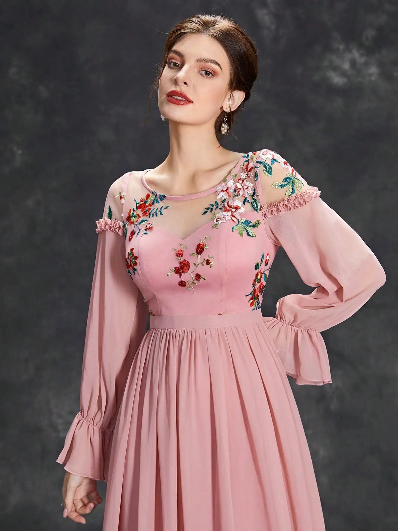 Embroidered Long Sleeve Chiffon Dress