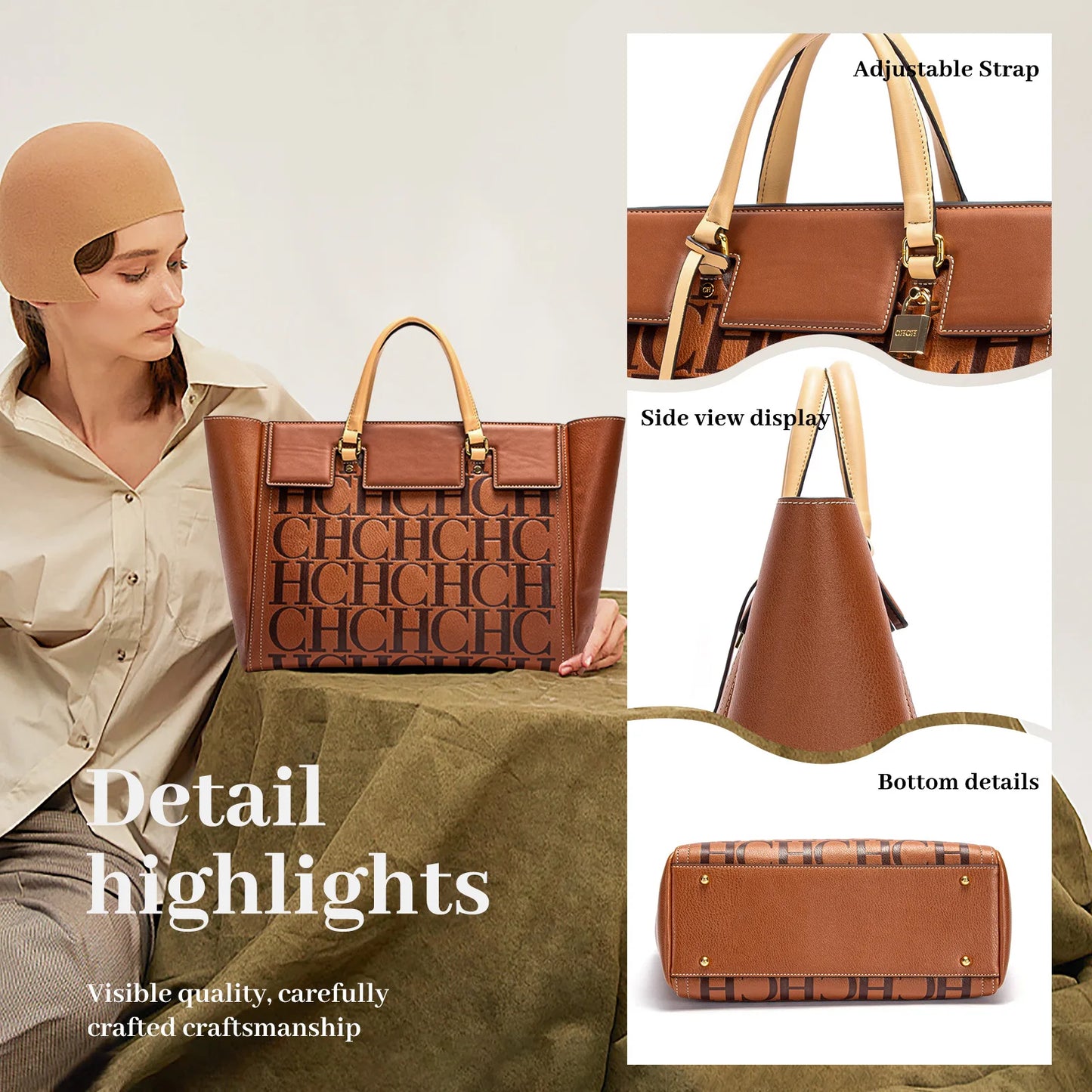 CH Embossed Detail Tote Women Trendy Handbag Top Handle Shoulder Shopper Urban Street Style Everyday Use