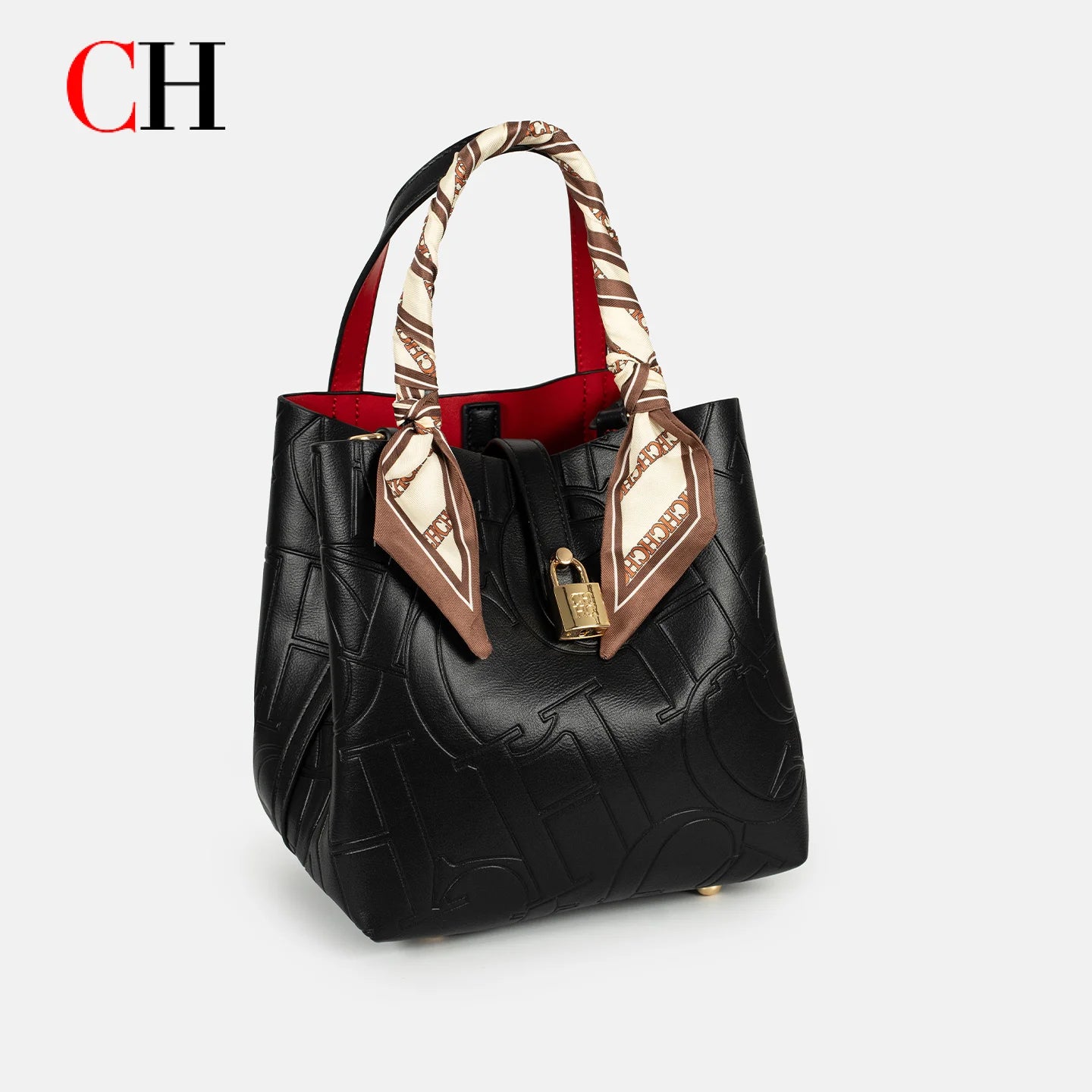 CH Womens Embossed Leather Bucket Bag with Silk Scarf Lock Decor Luxury Designer Handbag Large Capacity Crossbody Tote