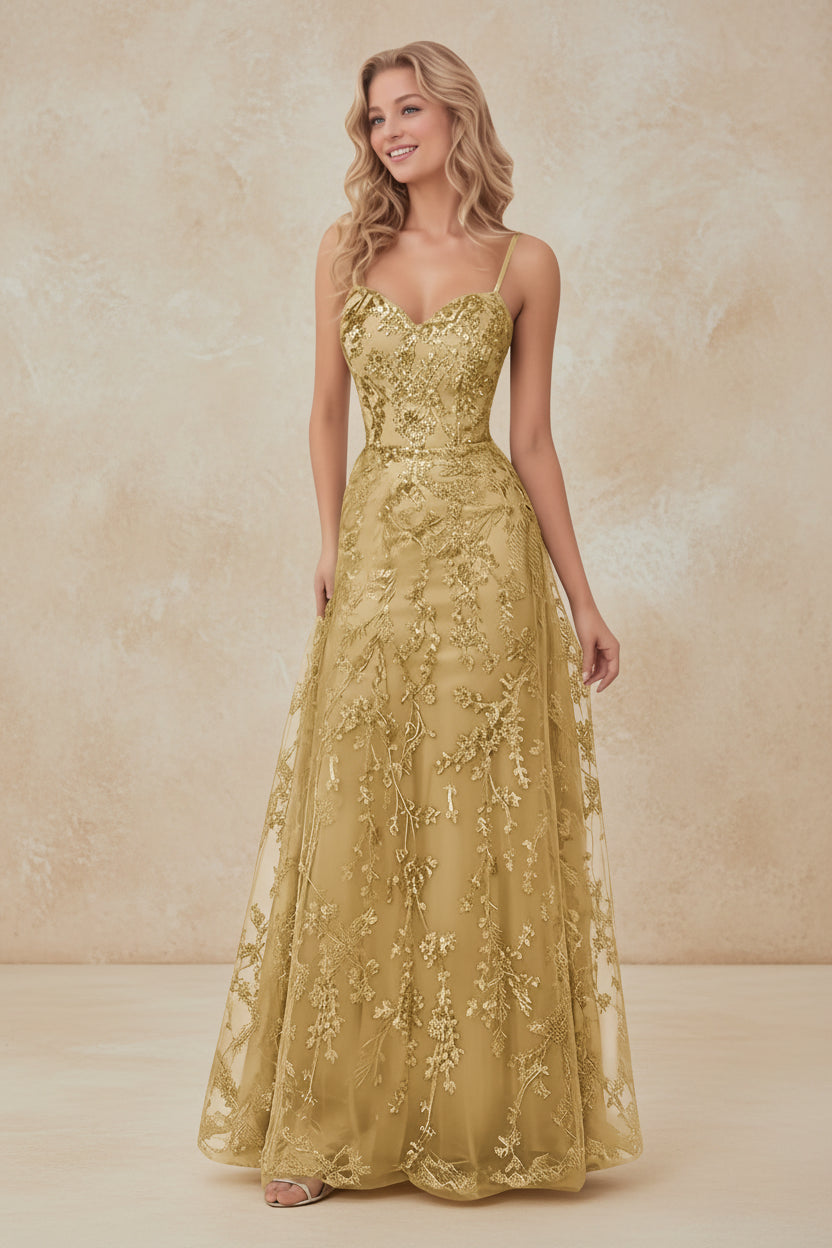 Tulle Formal Dress Laces Spaghetti Strap Sparkly Prom Dress