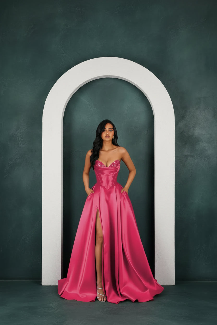 Strapless Sequin Prom Dresses Long with Slit Satin Formal Party Dress