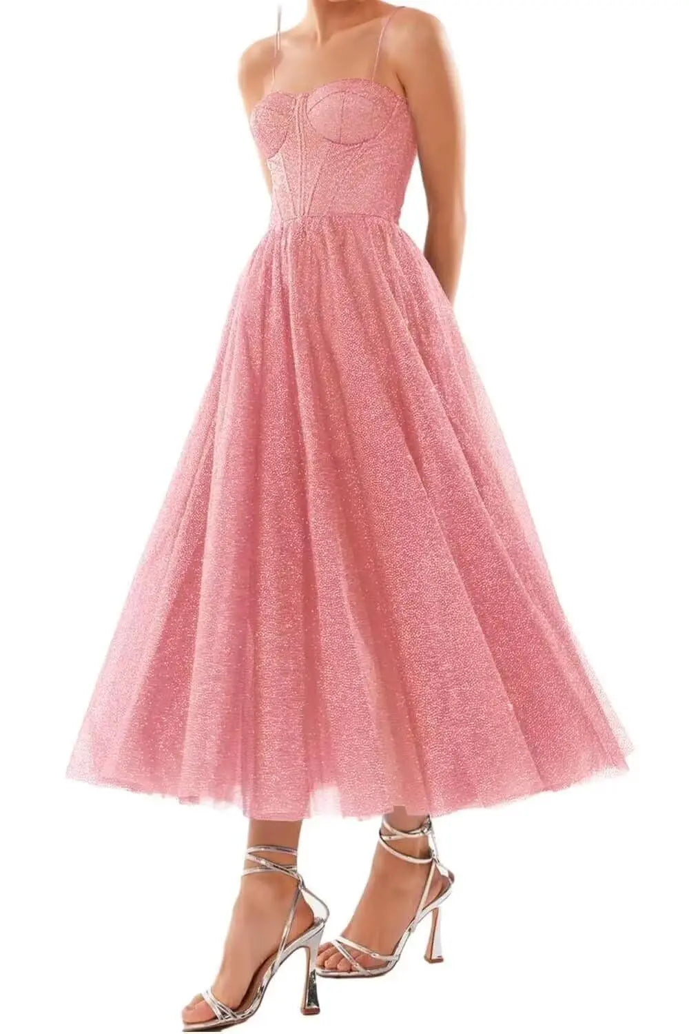 A Line Glitter Tea Length Formal Evening Cocktail Party Dresses for Women, Sequined Spaghetti Midi Corset Prom Gowns Cocktail