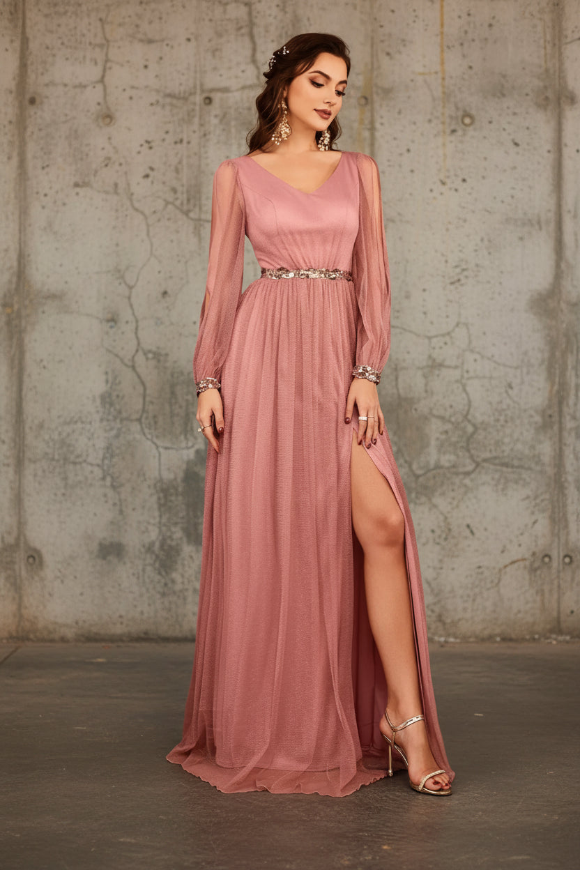 V-Neck Appliqué Slit Evening Gown