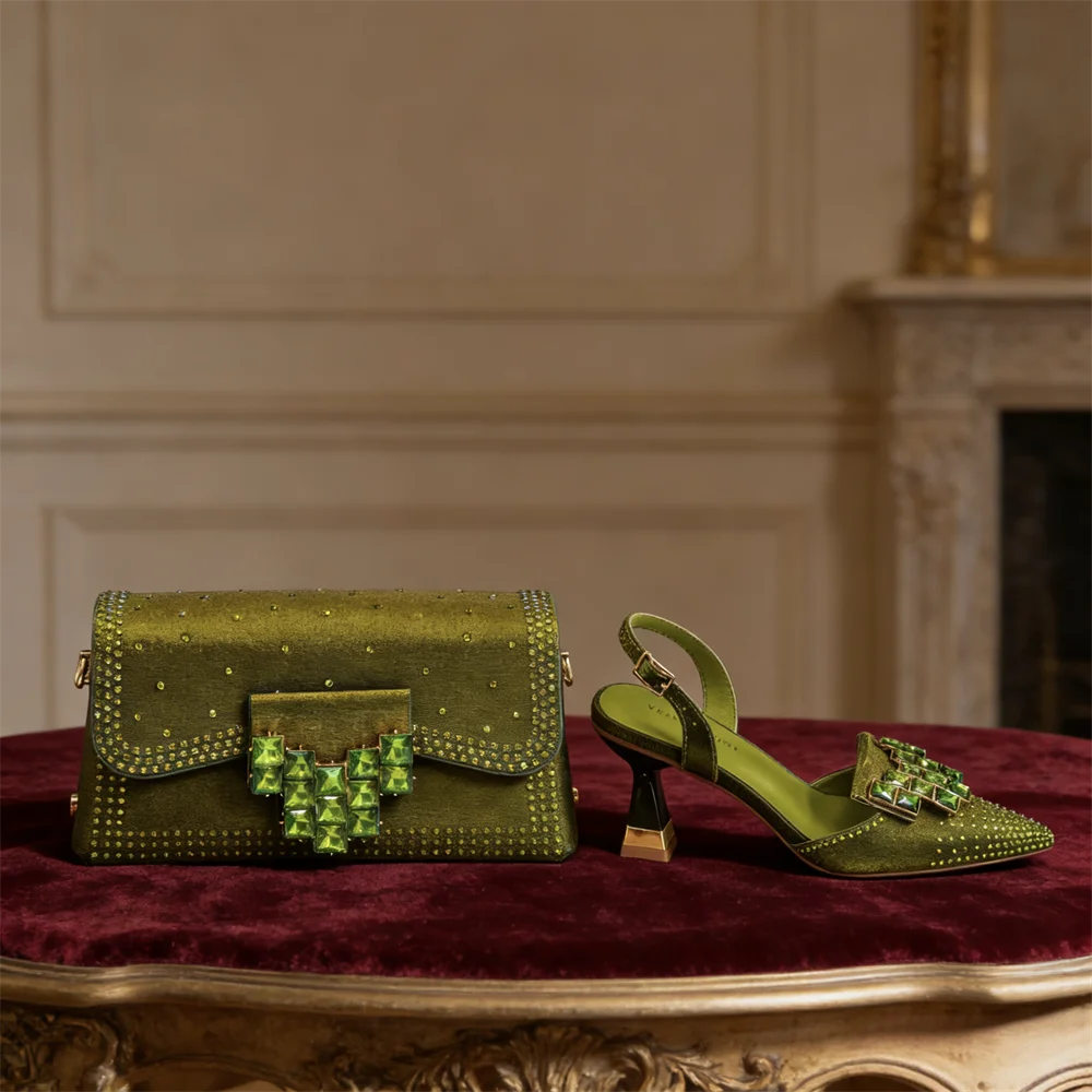 Elegant Green Rhinestone Slingback Heels & Matching Handbag Set by Venus Chan 2026 – Stylish Pointed Toe Design for Women