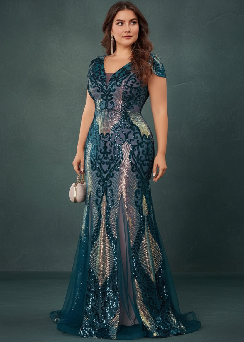 Plus Size Luxurious Short Sleeve Sequin Formal Evening Dress