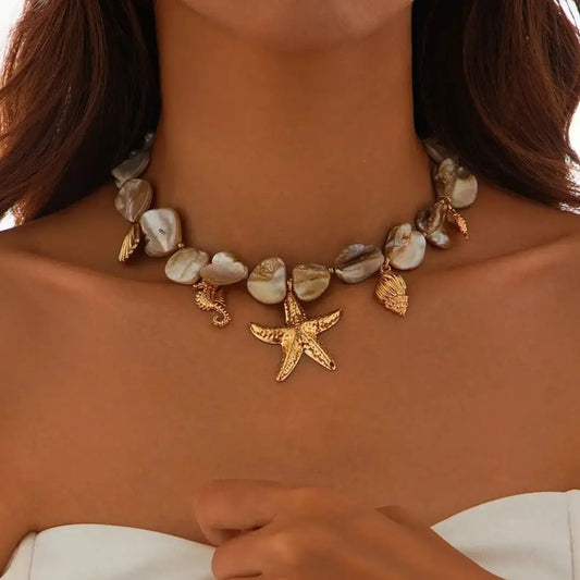 KunJoe Vintage Conch Large Starfish Pendant Necklace for Women Summer Beach Colorful Geometry Collar Chain Luxury Neck Jewelry