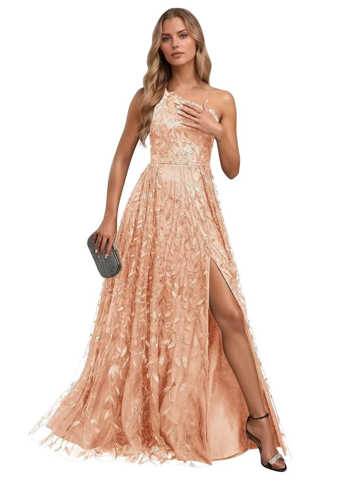 One Shoulder Lace Prom Dress with Slit