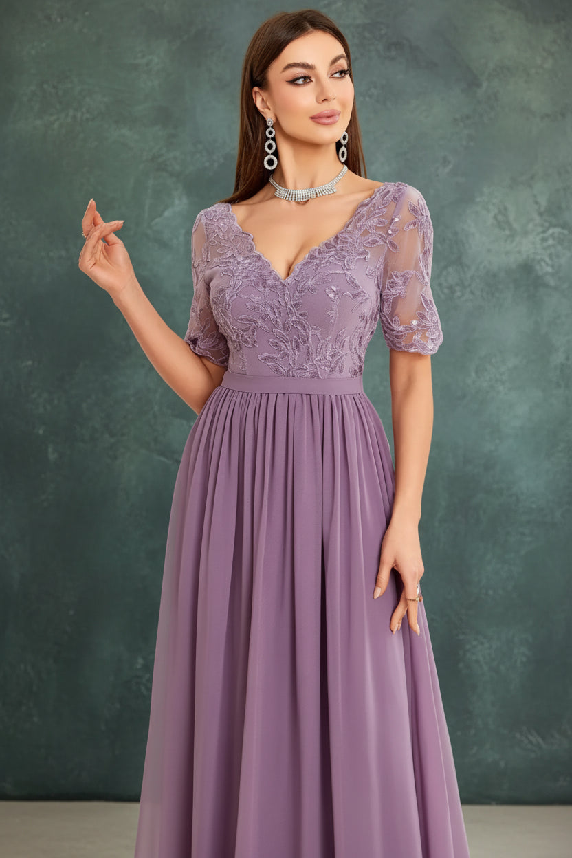 V-Neck Lace Chiffon Evening Dress