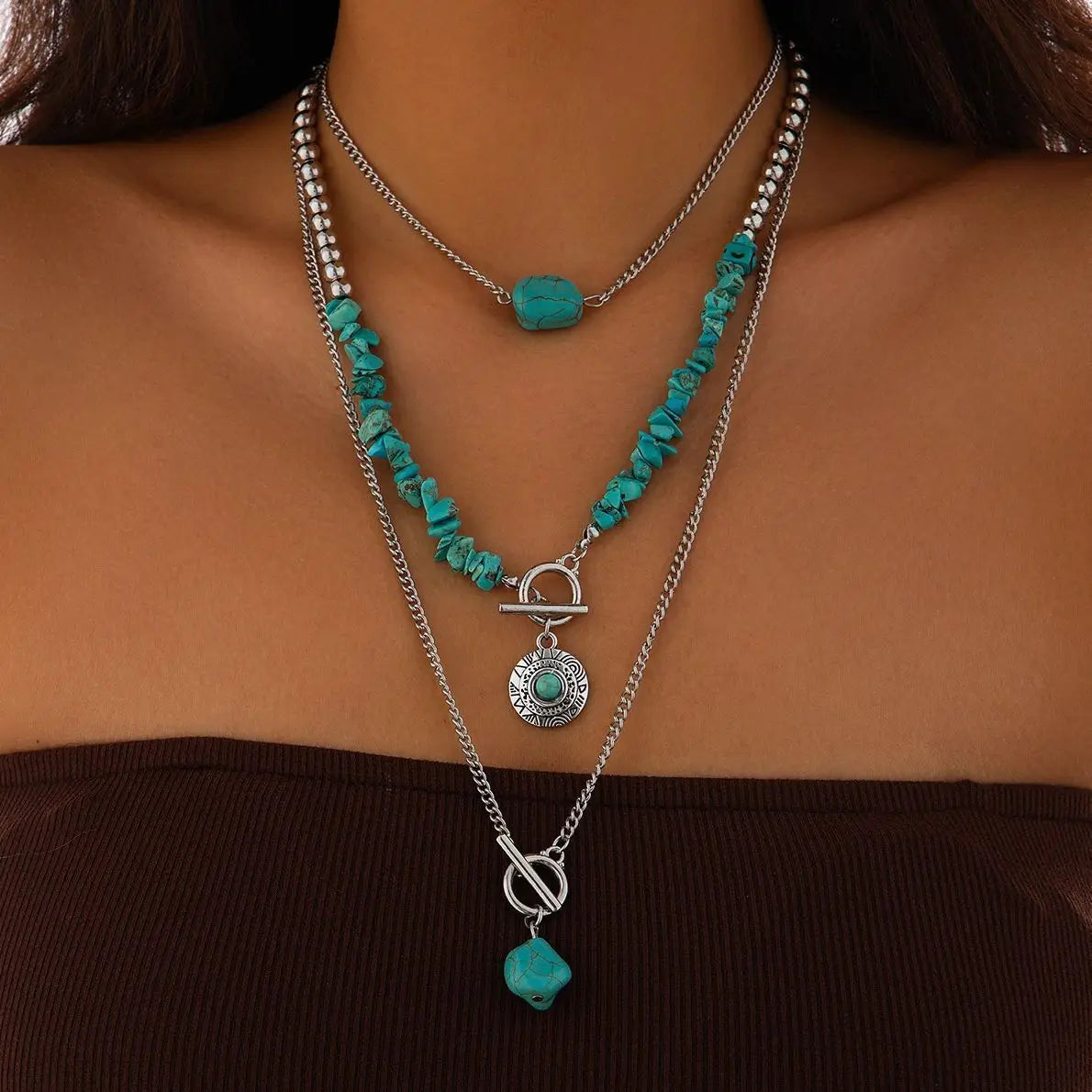 KunJoe 3Pcs Vintage Blue Natural Stone Beads Choker Necklaces for Women Bohemia Geometry Pendant Necklace Trendy Neck Jewelry