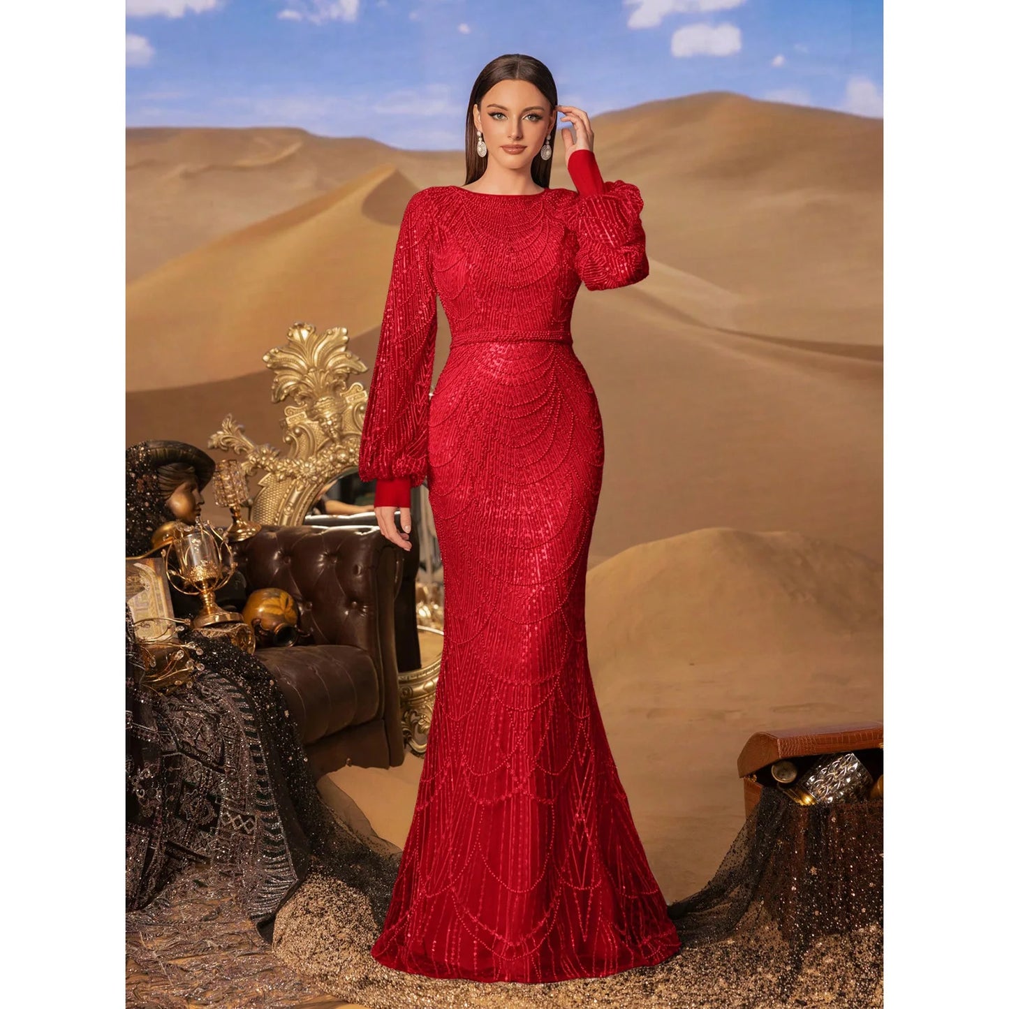 Elegant and luxurious sequined mermaid long-sleeved evening dresses, adorned with sparkling crystal beads.