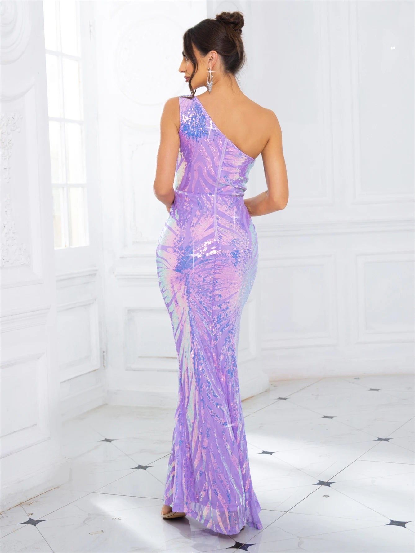 One Shoulder Sequin Maxi Evening Dress