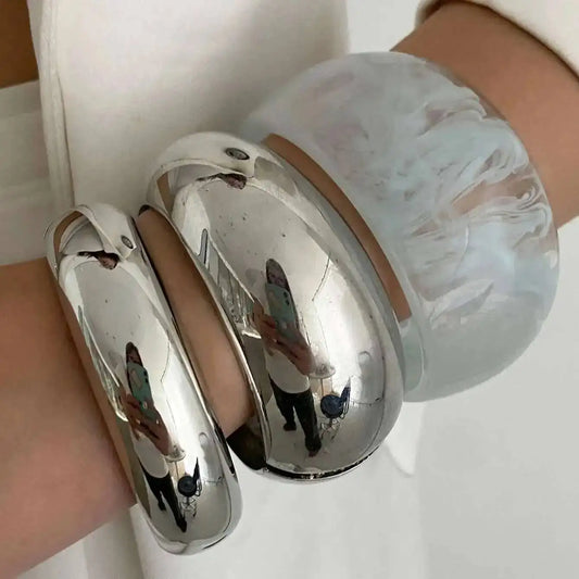 Salircon Punk Exaggerated Geometric Irregular Silver Color Metal Wide Bangles Women Vintage Acrylic Bangle Bracelets Jewelry New