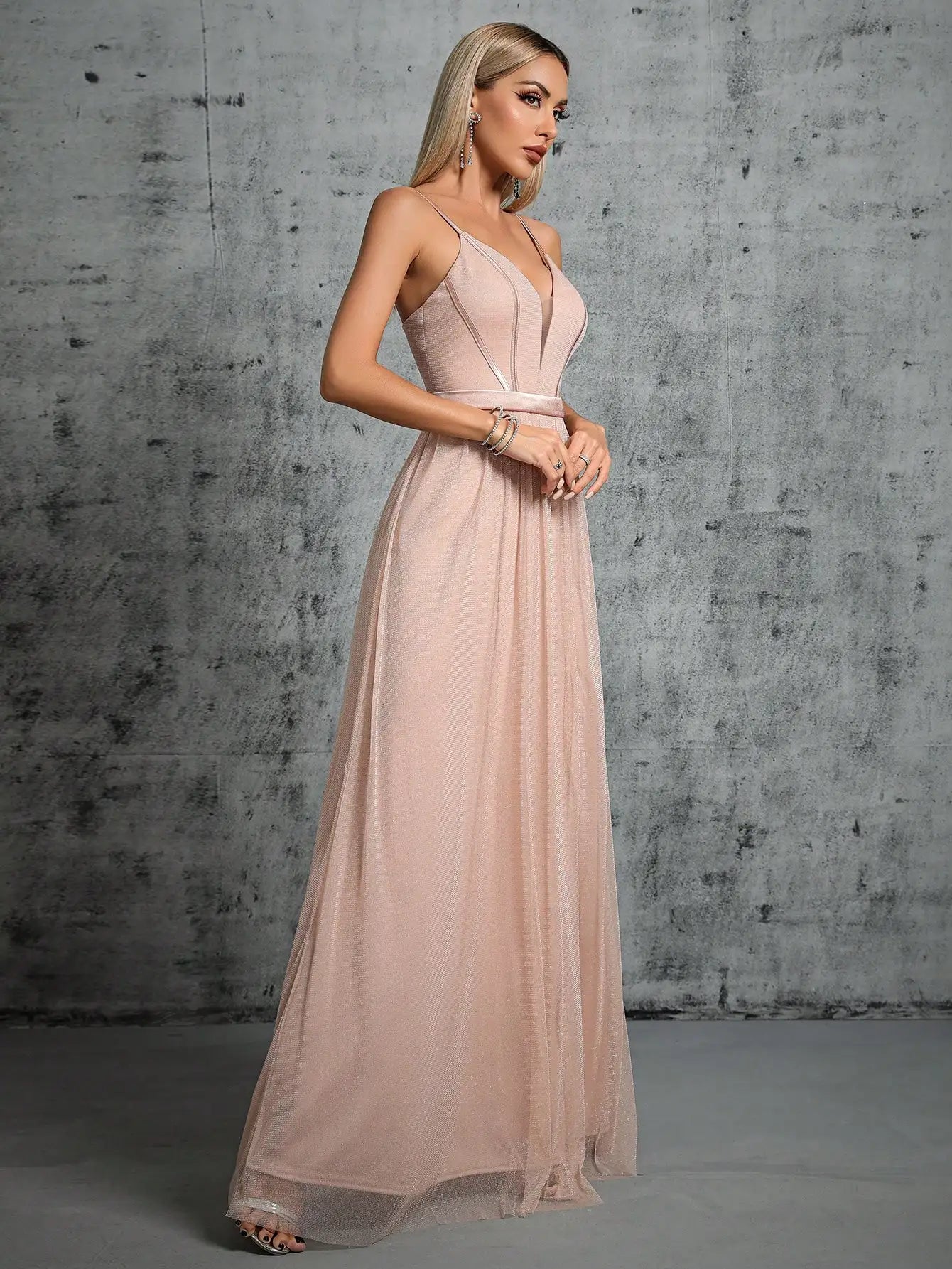 Deep V Mesh Slit Maxi Dress