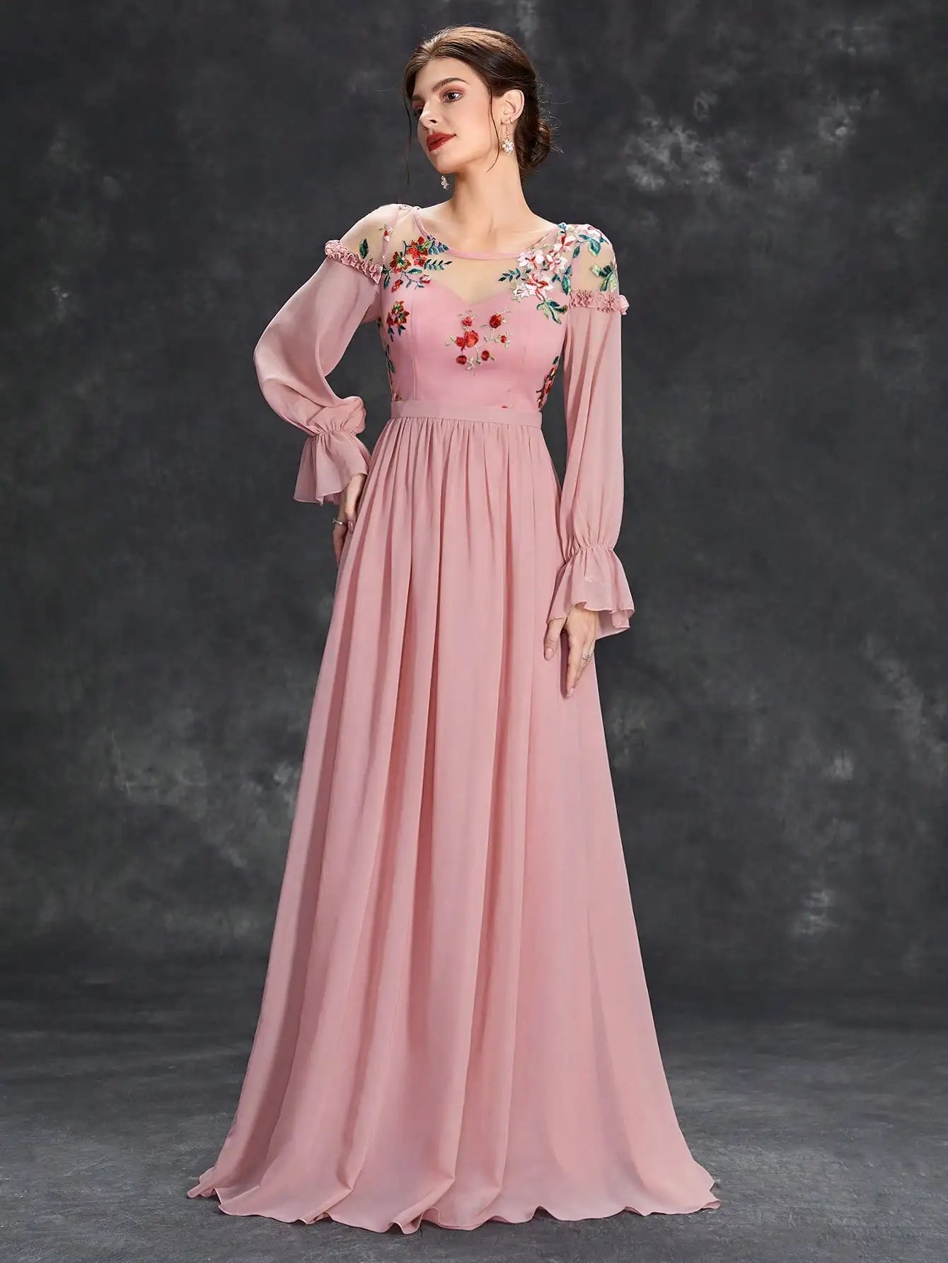 Embroidered Long Sleeve Chiffon Dress