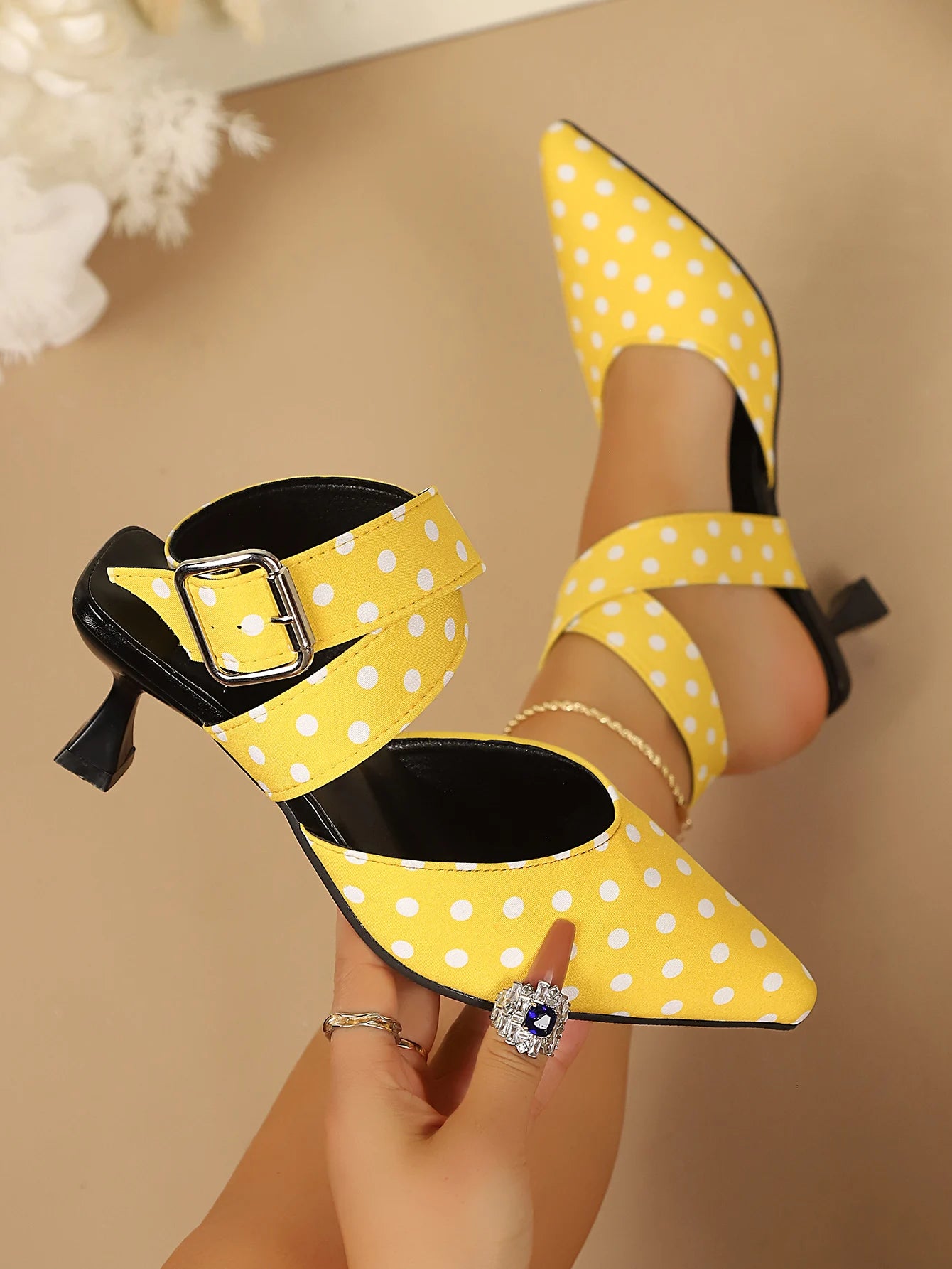 Ladies Cross-Band High Heels Sandals Thin Heel Summer New Polka Dot Slip-On Buckle Strap Elegant Footwear for Women
