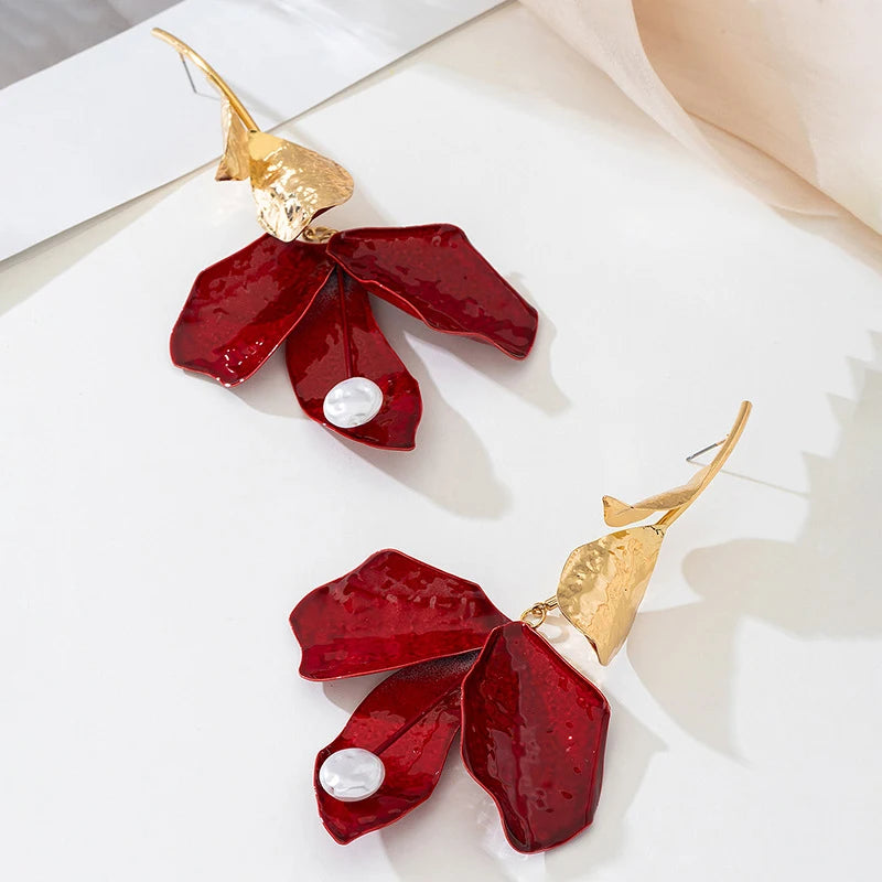 Vintage Red Drip Oil Flower Long Tassel Pendant Earrings