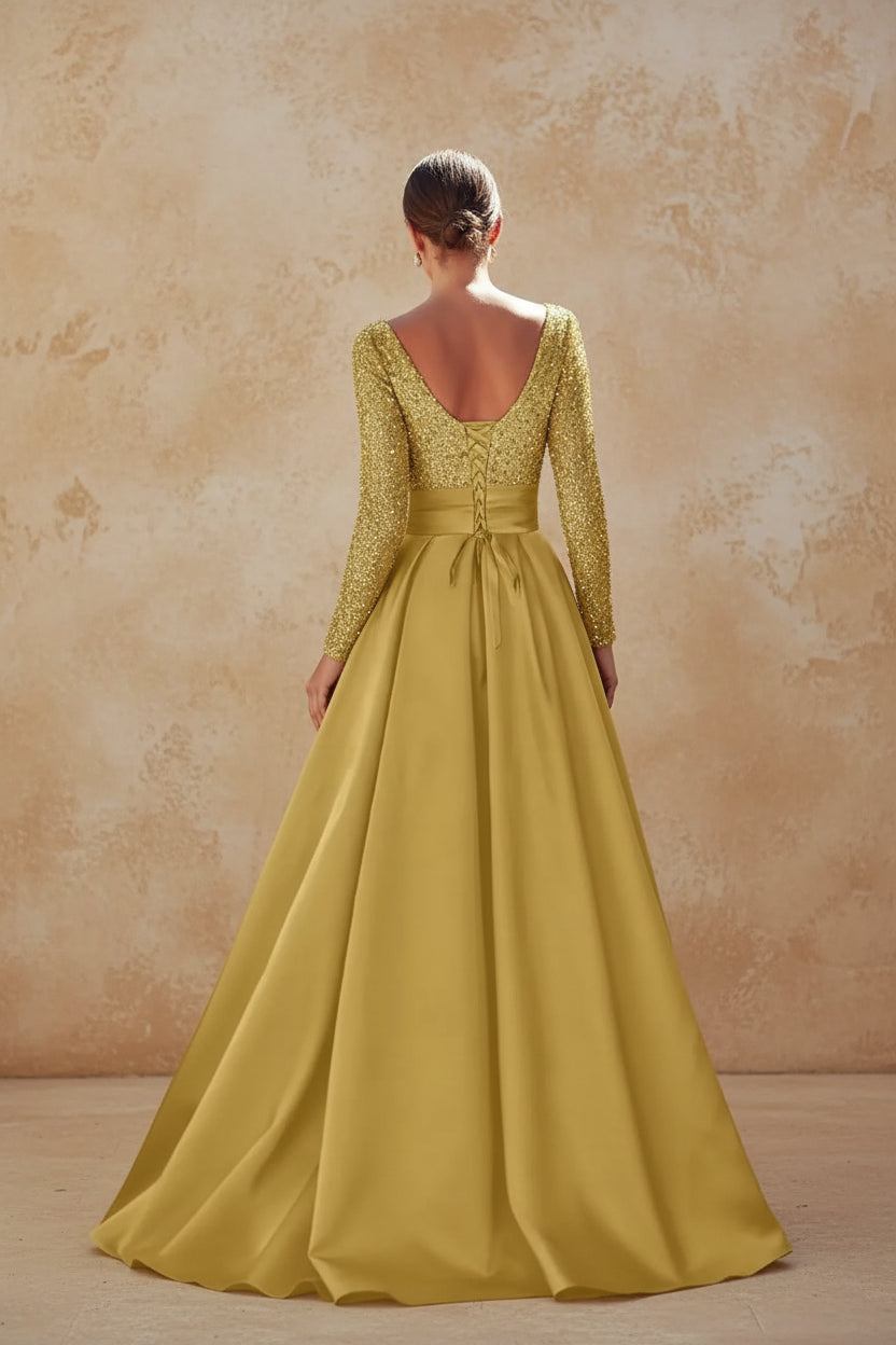 Long Sleeves Mother Of The Bride Dresses For Wedding Sparkly Sequin Ball Gowns Side Slit Satin Formal Party Prom Gown