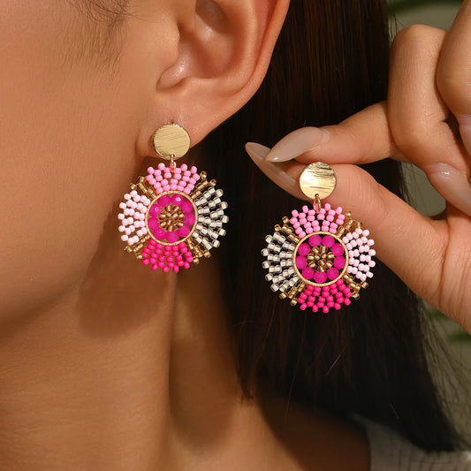 Sweet, round, colorful handmade beaded earrings in a Bohemian vintage vacation style, perfect for women to wear on any occasion—