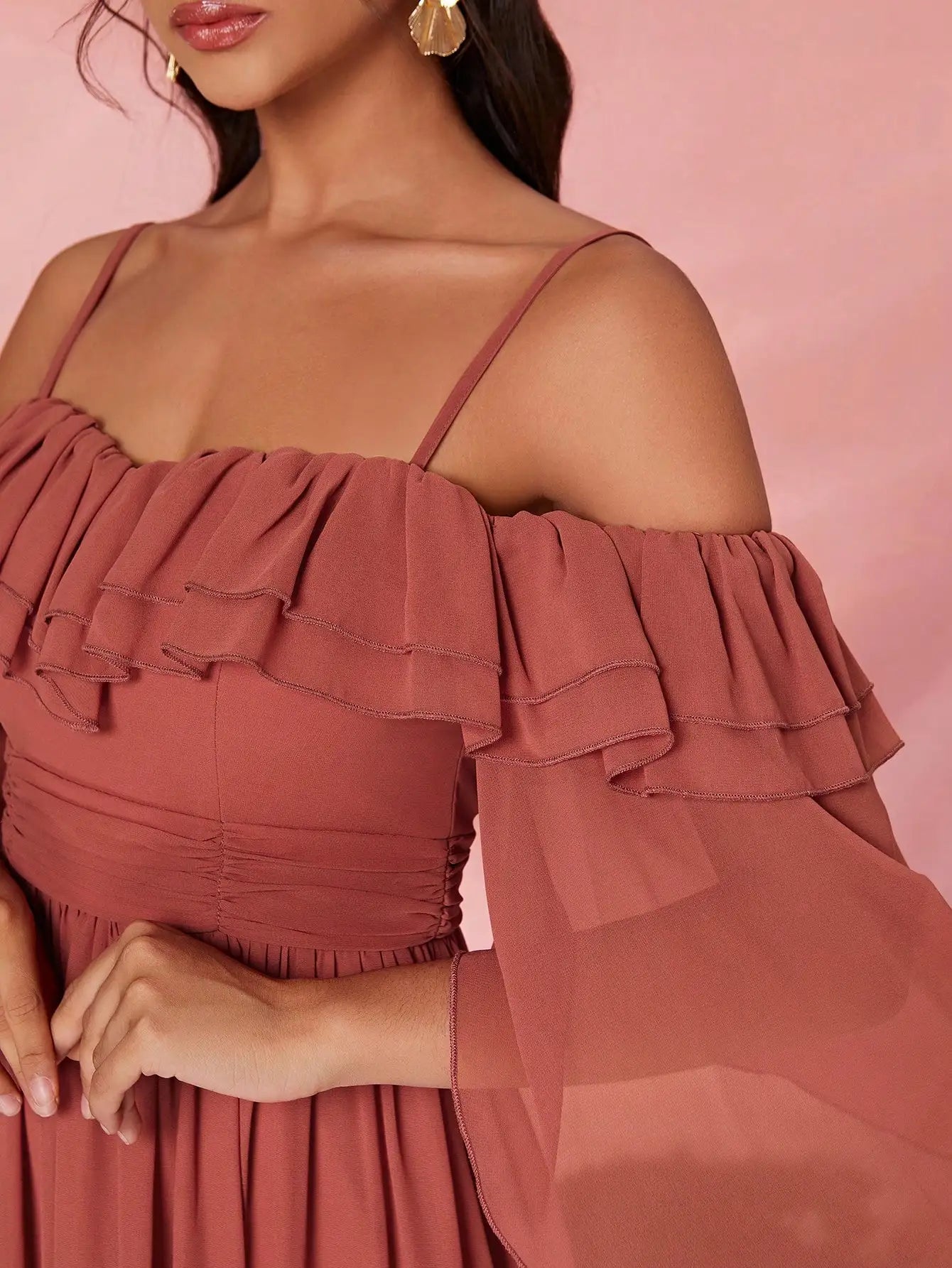 One Shoulder Ruffle Chiffon Evening Gown