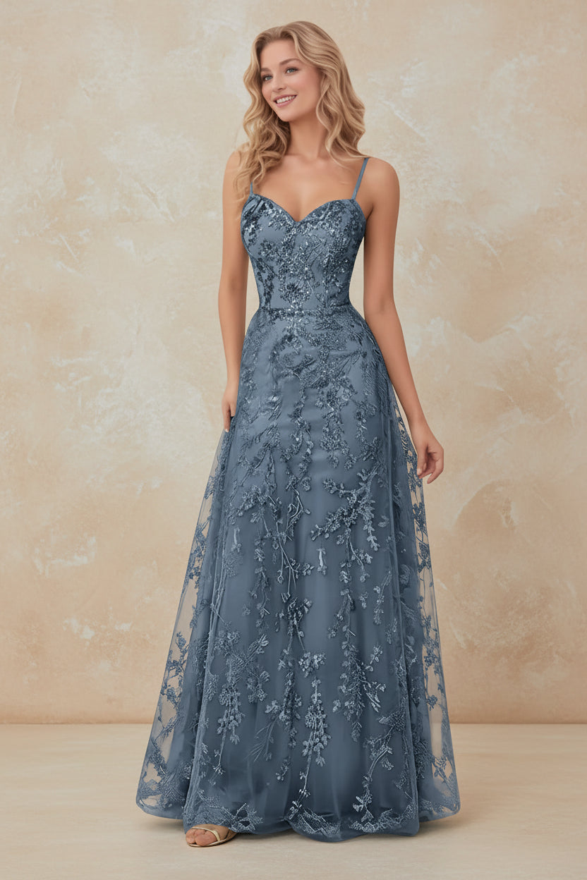 Tulle Formal Dress Laces Spaghetti Strap Sparkly Prom Dress