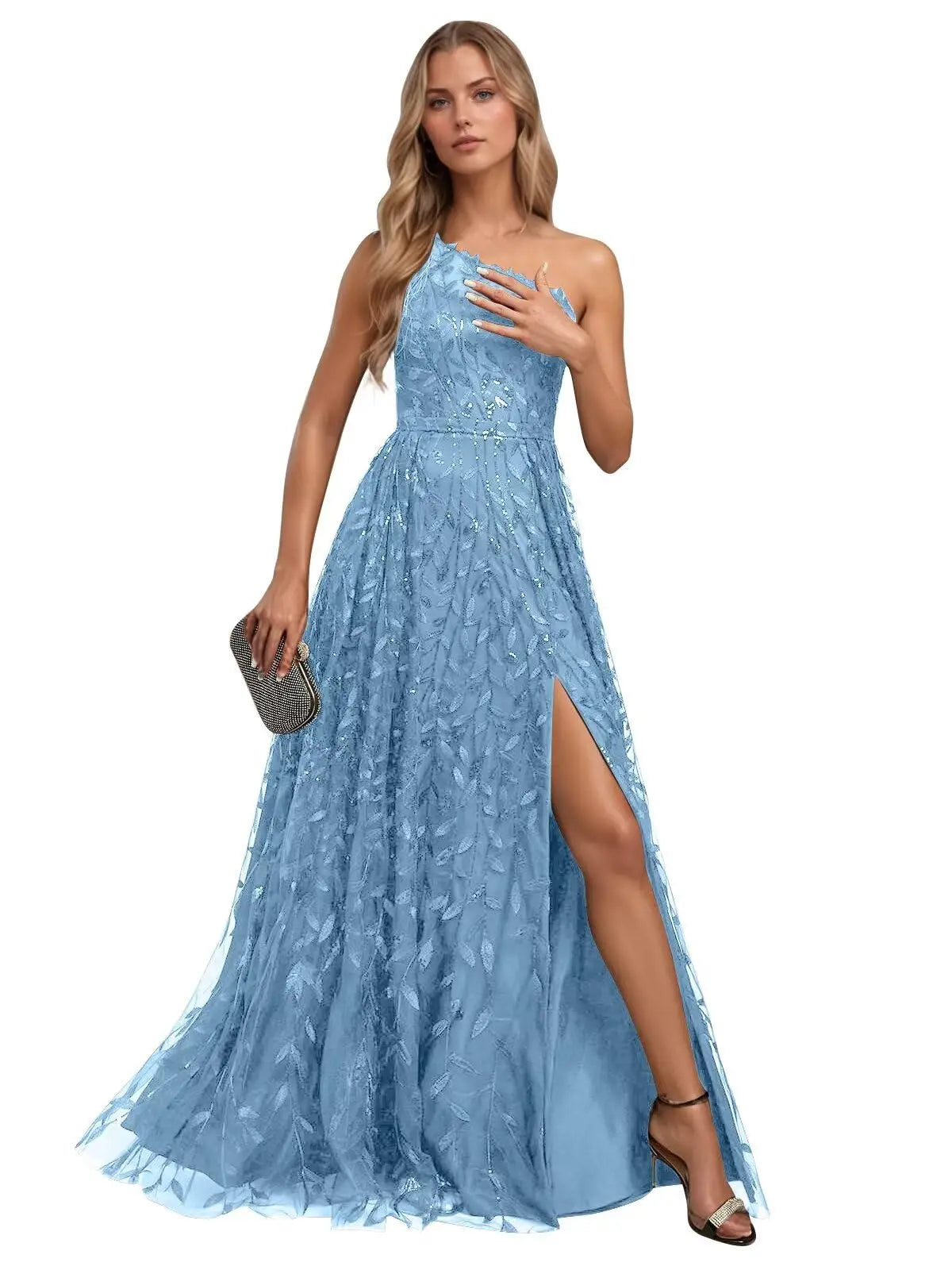 One Shoulder Lace Prom Dress with Slit