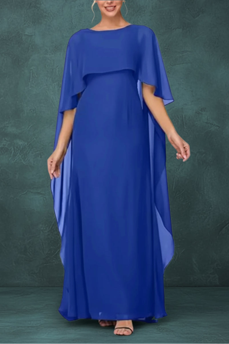 Women's Formal Dress Short Sleeves Scoop Neck Evening Dress Floor Length Chiffon Mother Of The Bride Dresses With Cap